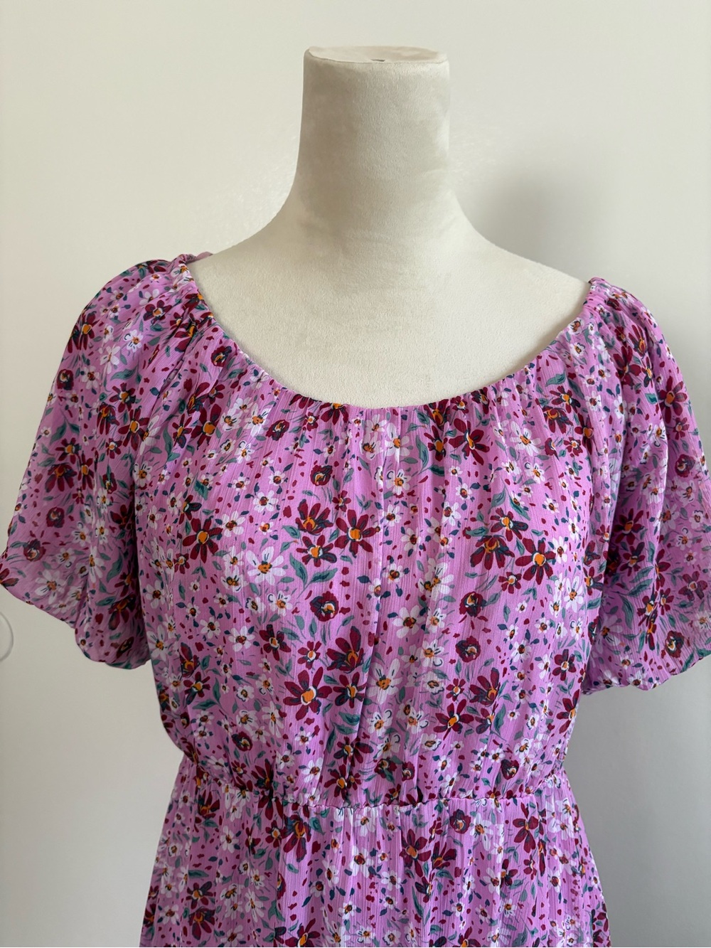 Draper James RSVP Tired Maxi Floral Chiffon Short Puff Sleeve Purple/Pink/Red M - Picture 2 of 11